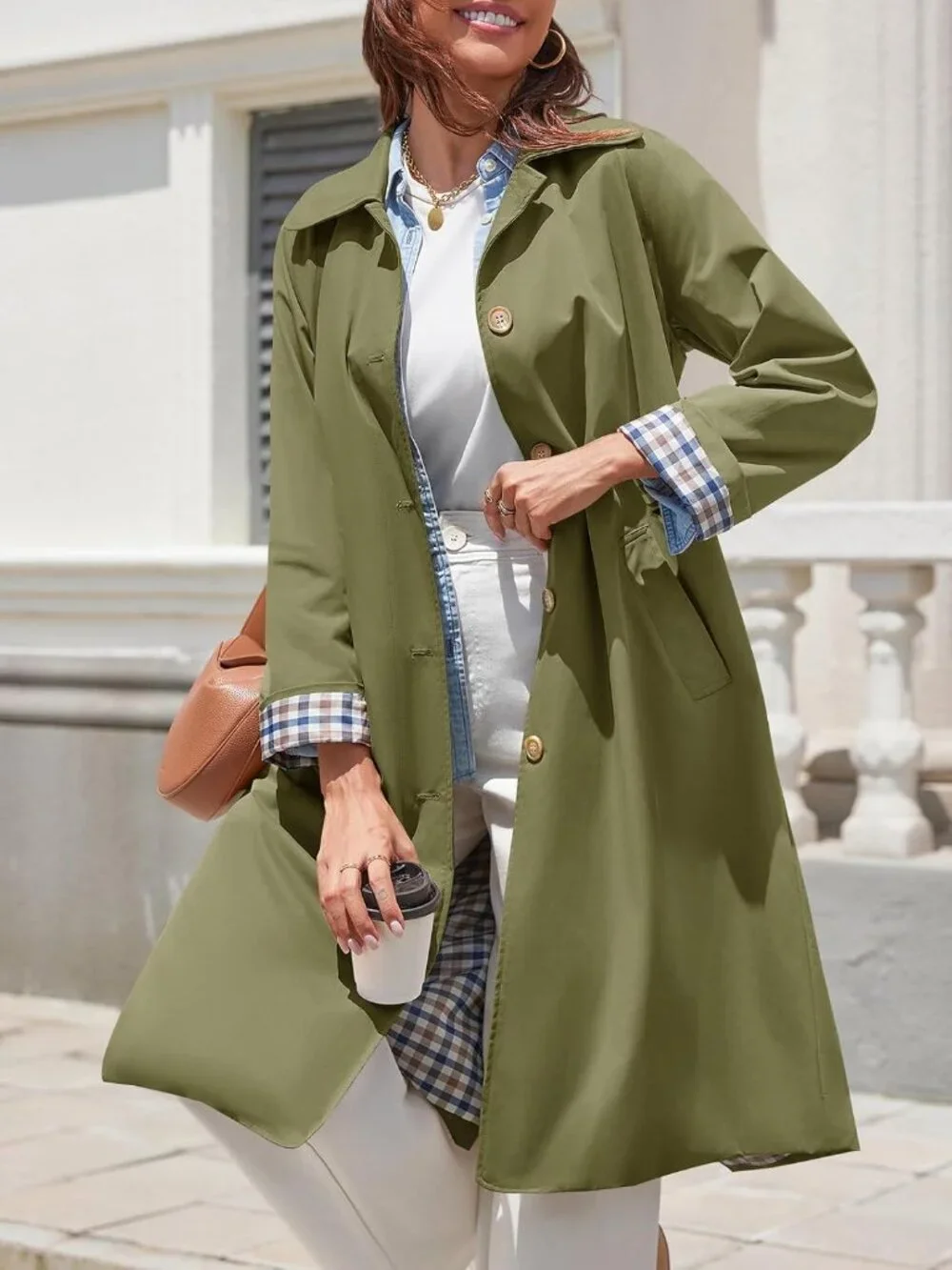 Women's Green Long Sleeve Oversized Single Breasted Windproof Winter Trench Coat